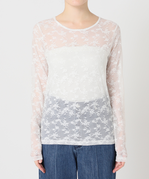 U by SPICK&SPAN(ユーバイスピックアンドスパン)の「ストレッチレースクループルオーバー(Tシャツ/カットソー・レディース・ブラック/ホワイト・FREE)」の3枚目の写真