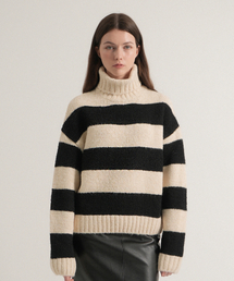 Wool Stripe Turtleneck Sweater (Black)