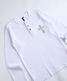 ラインストーン クロス ヘンリーネック 長袖Tシャツ