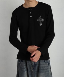 ラインストーン クロス ヘンリーネック 長袖Tシャツ