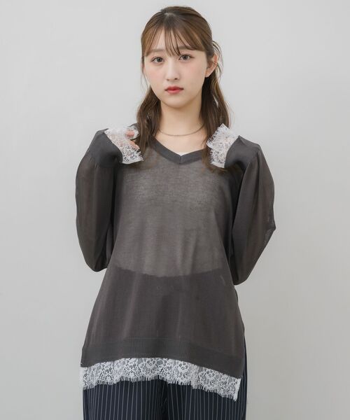 RETRO GIRL(レトロガール)の「レースドッキングシアーニット(ニット/セーター・レディース・イエロー/チャコールグレー/アイボリー・FREE)」の14枚目の写真