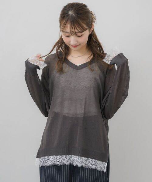 RETRO GIRL(レトロガール)の「レースドッキングシアーニット(ニット/セーター・レディース・イエロー/チャコールグレー/アイボリー・FREE)」の16枚目の写真