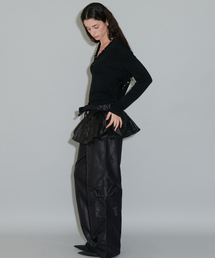 FRILL WAIST NYLON PANTS, BLACK
