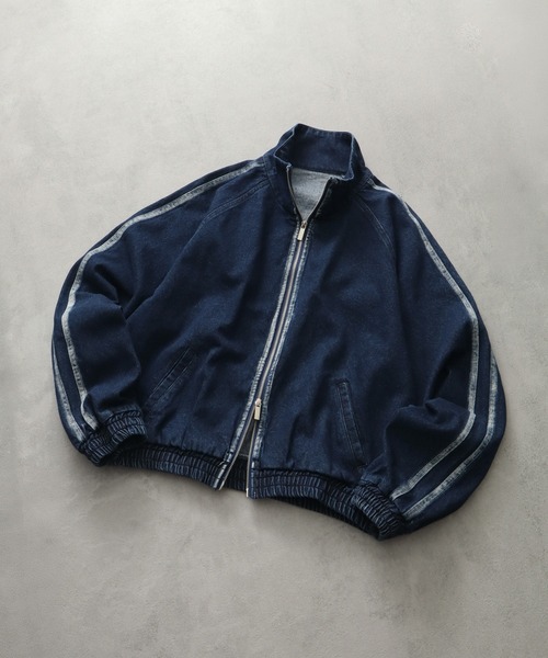 welise(ウェライズ)の「【welise/ウェライズ】フェードブリーチサイドライン 13ozデニムトラックジャケット(ジャージ・メンズ・ブラック/ダークインディゴブルー・L/M/S)」の2枚目の写真