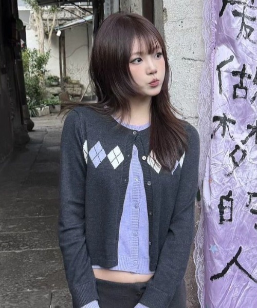 AVYL(アヴィル)の「アーガイル柄 ショート丈クルーネックニットカーディガン(カーディガン/ボレロ・レディース・ブラック・M)」の2枚目の写真
