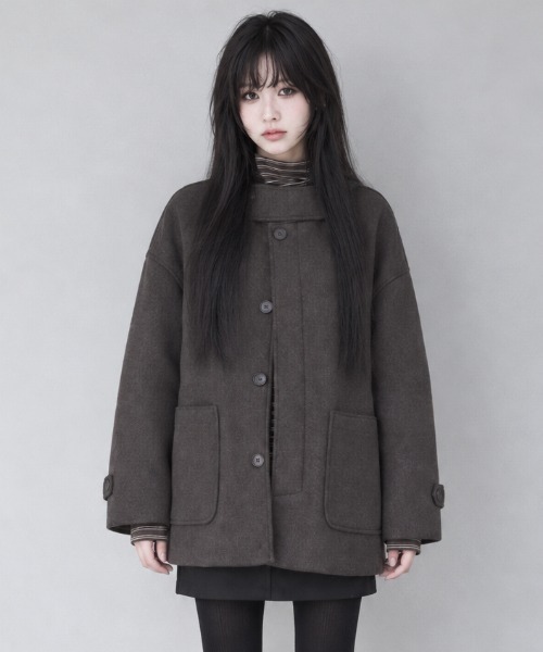 Aelina(エリナ)の「フード付きシングルブレストメルトンコート(その他アウター・レディース・ブラウン/ブラック/チャコールグレー・FREE)」の3枚目の写真