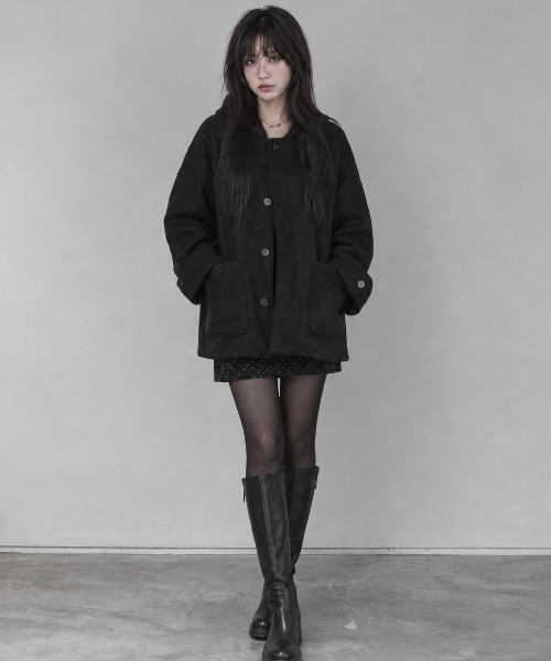 Aelina(エリナ)の「フード付きシングルブレストメルトンコート(その他アウター・レディース・ブラウン/ブラック/チャコールグレー・FREE)」の7枚目の写真