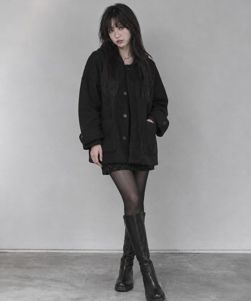 Aelina(エリナ)の「フード付きシングルブレストメルトンコート(その他アウター・レディース・ブラウン/ブラック/チャコールグレー・FREE)」の6枚目の写真