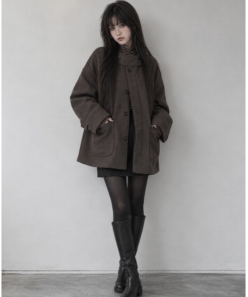 Aelina(エリナ)の「フード付きシングルブレストメルトンコート(その他アウター・レディース・ブラウン/ブラック/チャコールグレー・FREE)」の13枚目の写真