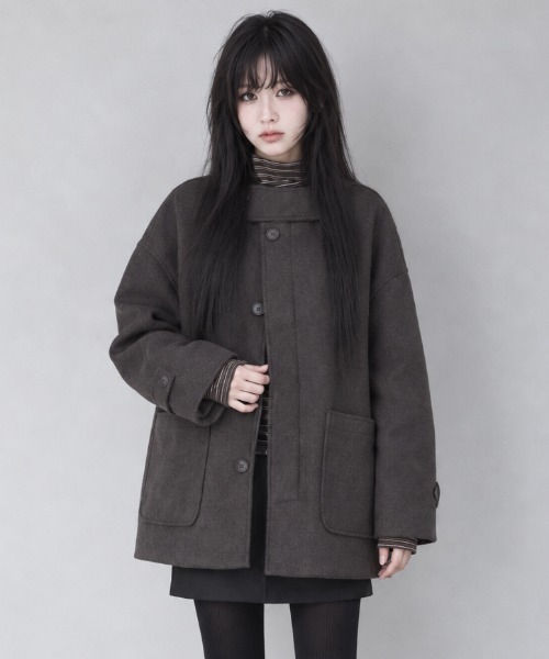 Aelina(エリナ)の「フード付きシングルブレストメルトンコート(その他アウター・レディース・ブラウン/ブラック/チャコールグレー・FREE)」の14枚目の写真