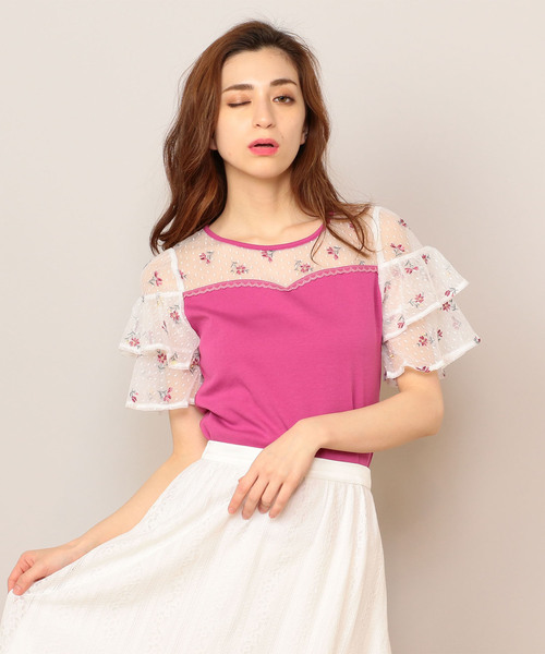 MIIA（ミーア）の「チュール刺繍ティアードスリーブカットプルオーバー（Tシャツ/カットソー・レディース・オフホワイト/パープル系その他/ブラック/ブルー・FREE）」の4枚目の写真