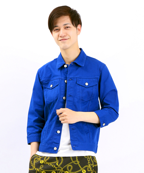 WEGO(ウィゴー)の「WEGO/カラー7分袖Gジャン(デニムジャケット・メンズ・ホワイト/ブラック/ロイヤルブルー/ワイン・LARGE/MEDIUM)」の1枚目の写真