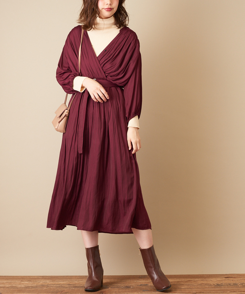 natural couture（ナチュラルクチュール）の「サテンカシュクールギャザーワンピース（ワンピース・レディース・ブラウン/イエロー/ボルドー/その他1/その他2/ピンクベージュ・FREE）」の5枚目の写真