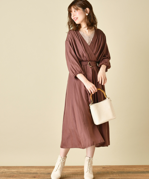 natural couture（ナチュラルクチュール）の「サテンカシュクールギャザーワンピース（ワンピース・レディース・ブラウン/イエロー/ボルドー/その他1/その他2/ピンクベージュ・FREE）」の13枚目の写真