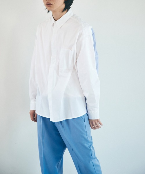EMMA CLOTHES(エマクローズ)の「オーバーサイズストライプ切替シャツ【EMMA CLOTHES/エマクローズ】(シャツ/ブラウス・メンズ・ホワイト/サックスブルー・M/L)」の9枚目の写真