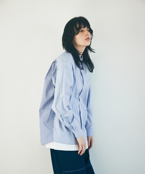 EMMA CLOTHES(エマクローズ)の「オーバーサイズストライプ切替シャツ【EMMA CLOTHES/エマクローズ】(シャツ/ブラウス・メンズ・ホワイト/サックスブルー・M/L)」の14枚目の写真