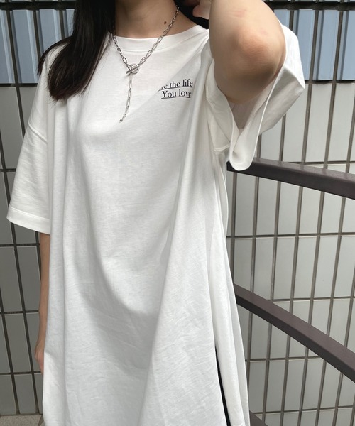 JUGLANS(ユグランス)の「☆ プリント入りスリットロングT(Tシャツ/カットソー・レディース・ホワイト/ベージュ/ラベンダー/レンガ・FREE)」の9枚目の写真