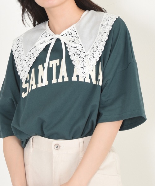 w closet（ダブルクローゼット）の「付け衿+カレッジプリントTシャツSET（Tシャツ/カットソー・レディース・オフホワイト/ブルー/グリーン/スミクロ・FREE）」の3枚目の写真