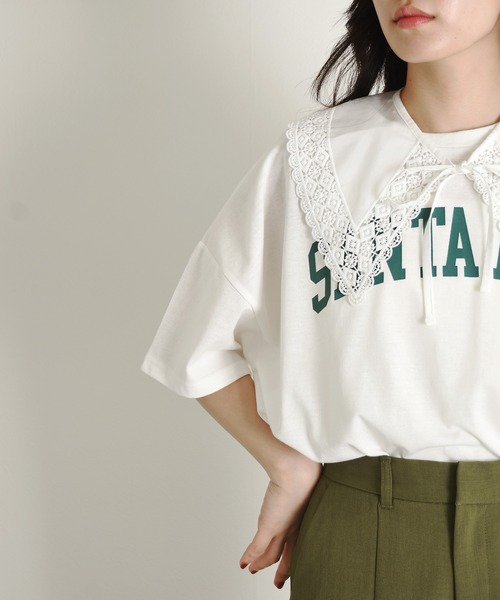 w closet（ダブルクローゼット）の「付け衿+カレッジプリントTシャツSET（Tシャツ/カットソー・レディース・オフホワイト/ブルー/グリーン/スミクロ・FREE）」の9枚目の写真