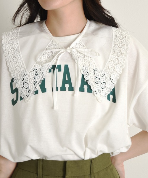 w closet（ダブルクローゼット）の「付け衿+カレッジプリントTシャツSET（Tシャツ/カットソー・レディース・オフホワイト/ブルー/グリーン/スミクロ・FREE）」の12枚目の写真