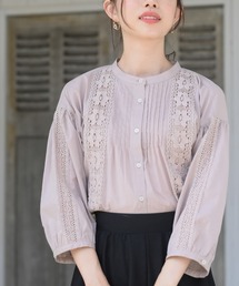 レースピンタック７分袖バンドカラーブラウス