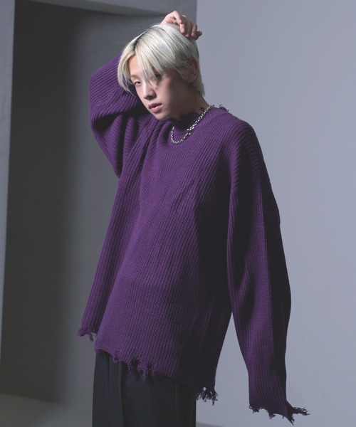 G.O.C（ジーオーシー）の「ダメージクルーネックニット（ニット/セーター・メンズ・ブラック/グレー/オフホワイト/ブルー/モカ/ブルー系その他/ワイン/グレイッシュベージュ/パープル・MEDIUM/LARGE）」の8枚目の写真