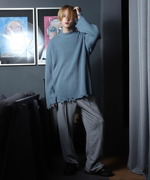 G.O.C（ジーオーシー）の「ダメージクルーネックニット（ニット/セーター・メンズ・ブラック/グレー/オフホワイト/ブルー/モカ/ブルー系その他/ワイン/グレイッシュベージュ/パープル・MEDIUM/LARGE）」の13枚目の写真