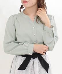 防シワ加工パールボタンスキッパーブラウス