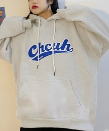 ビッグシルエットフード付きカレッジロゴフーディーパーカー