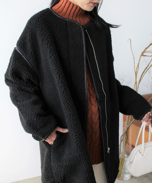 GeeRA(ジーラ)の「レザーパイピングノーカラーコート(ノーカラーコート・レディース・ブラック/ブラウン/ライトベージュ・MEDIUM)」の6枚目の写真