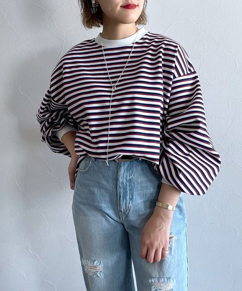 PAGEBOY（ページボーイ）の「ボーダーボリュームスリーブプルオーバー（Tシャツ/カットソー・レディース・マルチ/オフホワイト・FREE）」の3枚目の写真