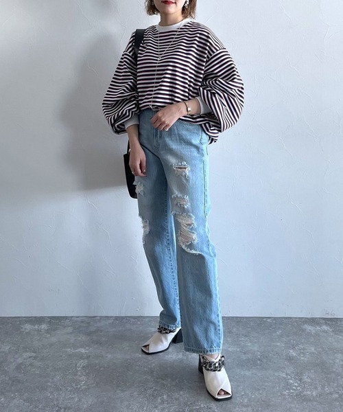 PAGEBOY（ページボーイ）の「ボーダーボリュームスリーブプルオーバー（Tシャツ/カットソー・レディース・マルチ/オフホワイト・FREE）」の4枚目の写真