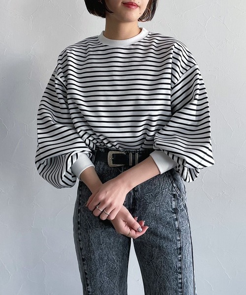 PAGEBOY（ページボーイ）の「ボーダーボリュームスリーブプルオーバー（Tシャツ/カットソー・レディース・マルチ/オフホワイト・FREE）」の6枚目の写真