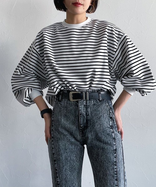 PAGEBOY（ページボーイ）の「ボーダーボリュームスリーブプルオーバー（Tシャツ/カットソー・レディース・マルチ/オフホワイト・FREE）」の7枚目の写真