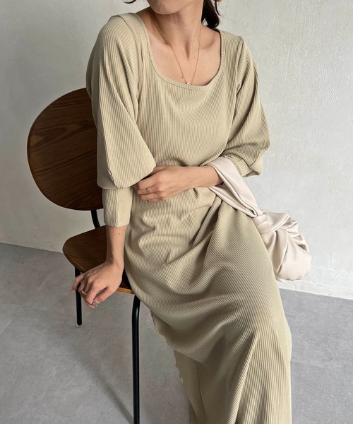 CAPRICIEUX LE'MAGE（カプリシューレマージュ）の「〈Sサイズ追加〉リブパフスリーブマキシワンピース（ワンピース・レディース・チャコールグレー/ホワイト系その他/グリーン系その他・FREE/S）」の13枚目の写真