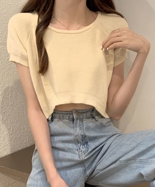 HALEY PESCA（ヘーリーペスカ）の「HALEY PESCA/クロップド丈 カラーTシャツ（Tシャツ/カットソー・レディース・ホワイト/ブラック/ベージュ/パープル/ブルー/イエロー/ピンク/レッド・FREE）」の6枚目の写真