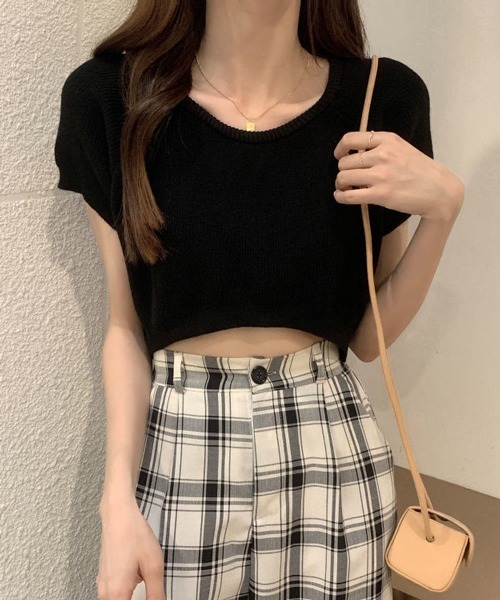 HALEY PESCA（ヘーリーペスカ）の「HALEY PESCA/クロップド丈 カラーTシャツ（Tシャツ/カットソー・レディース・ホワイト/ブラック/ベージュ/パープル/ブルー/イエロー/ピンク/レッド・FREE）」の2枚目の写真