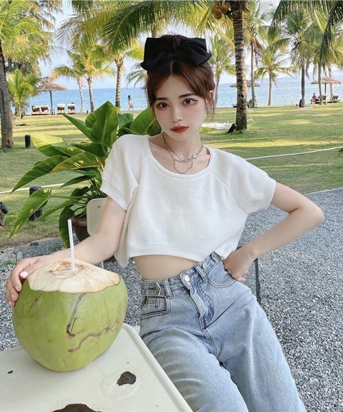 HALEY PESCA（ヘーリーペスカ）の「HALEY PESCA/クロップド丈 カラーTシャツ（Tシャツ/カットソー・レディース・ホワイト/ブラック/ベージュ/パープル/ブルー/イエロー/ピンク/レッド・FREE）」の9枚目の写真