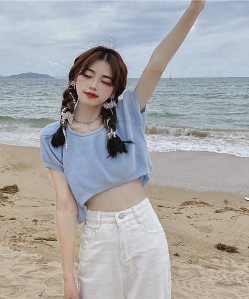 HALEY PESCA（ヘーリーペスカ）の「HALEY PESCA/クロップド丈 カラーTシャツ（Tシャツ/カットソー・レディース・ホワイト/ブラック/ベージュ/パープル/ブルー/イエロー/ピンク/レッド・FREE）」の15枚目の写真