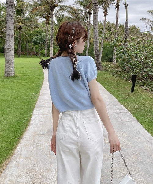 HALEY PESCA（ヘーリーペスカ）の「HALEY PESCA/クロップド丈 カラーTシャツ（Tシャツ/カットソー・レディース・ホワイト/ブラック/ベージュ/パープル/ブルー/イエロー/ピンク/レッド・FREE）」の17枚目の写真