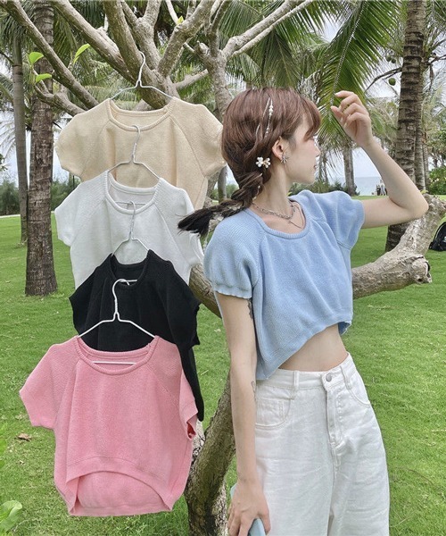 HALEY PESCA（ヘーリーペスカ）の「HALEY PESCA/クロップド丈 カラーTシャツ（Tシャツ/カットソー・レディース・ホワイト/ブラック/ベージュ/パープル/ブルー/イエロー/ピンク/レッド・FREE）」の20枚目の写真