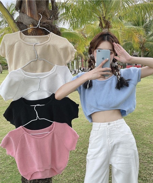 HALEY PESCA（ヘーリーペスカ）の「HALEY PESCA/クロップド丈 カラーTシャツ（Tシャツ/カットソー・レディース・ホワイト/ブラック/ベージュ/パープル/ブルー/イエロー/ピンク/レッド・FREE）」の21枚目の写真