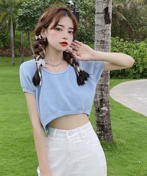 HALEY PESCA（ヘーリーペスカ）の「HALEY PESCA/クロップド丈 カラーTシャツ（Tシャツ/カットソー・レディース・ホワイト/ブラック/ベージュ/パープル/ブルー/イエロー/ピンク/レッド・FREE）」の19枚目の写真