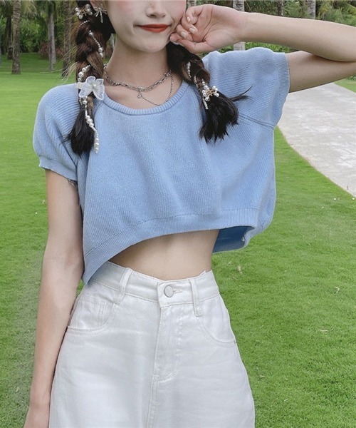 HALEY PESCA（ヘーリーペスカ）の「HALEY PESCA/クロップド丈 カラーTシャツ（Tシャツ/カットソー・レディース・ホワイト/ブラック/ベージュ/パープル/ブルー/イエロー/ピンク/レッド・FREE）」の16枚目の写真