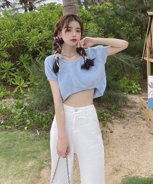 HALEY PESCA（ヘーリーペスカ）の「HALEY PESCA/クロップド丈 カラーTシャツ（Tシャツ/カットソー・レディース・ホワイト/ブラック/ベージュ/パープル/ブルー/イエロー/ピンク/レッド・FREE）」の18枚目の写真