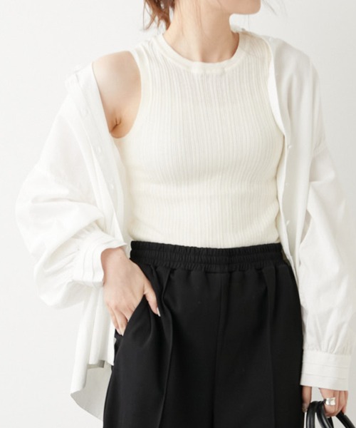 PUAL CE CIN（ピュアルセシン）の「針抜きリブ アメリカンスリーブタンクトップ（タンクトップ・レディース・ブラック/グレー/オフホワイト/ブラック×ホワイト・FREE）」の2枚目の写真