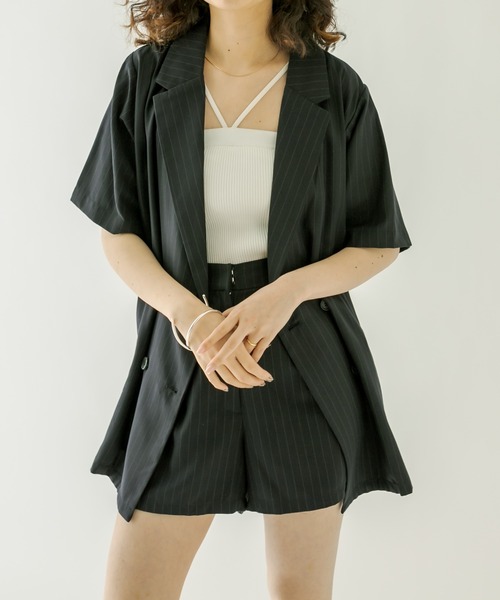 mystic（ミスティック）の「半袖テーラージャケット（テーラードジャケット・レディース・ブラック/ネイビー・FREE）」の4枚目の写真