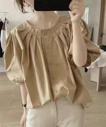 衿タック 半袖シャツブラウス