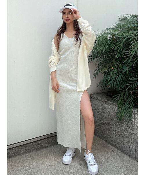 GYDA（ジェイダ）の「テレコDEEPスリットロングワンピース（ワンピース・レディース・ライトグレー/ブラック・FREE）」の3枚目の写真