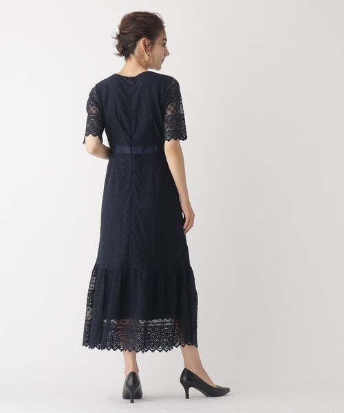 新品　オペークドットクリップ　黒地レースオケージョンワンピースM ≪結婚式オケージョン対応≫ 袖レースドッキングワンピース